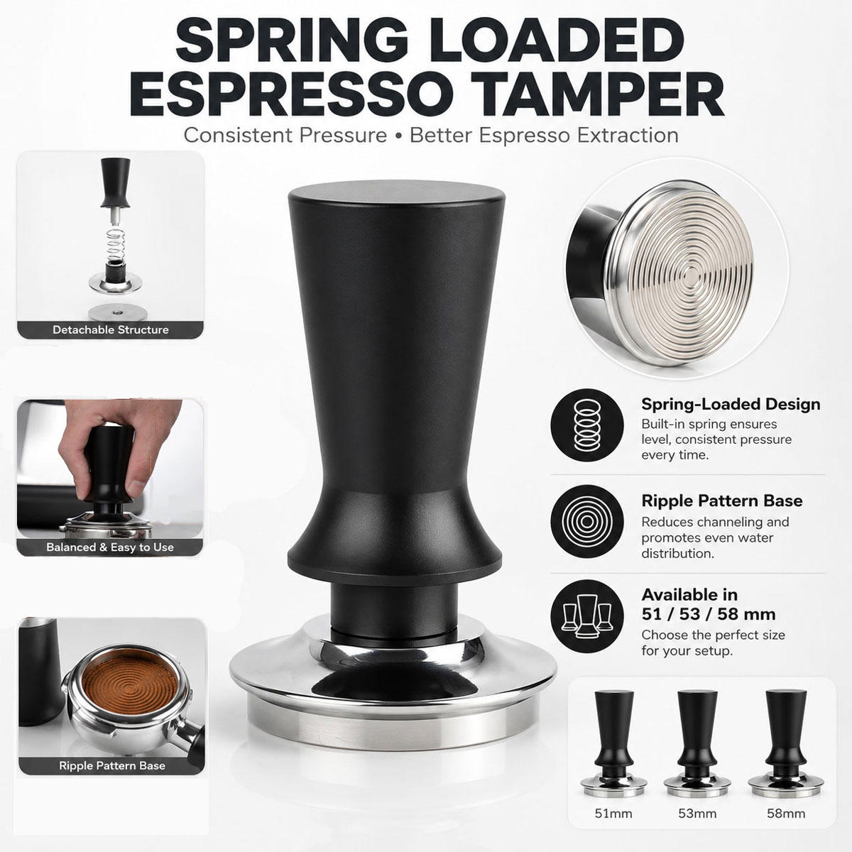 Espresso Tamper Set - 1 stuks 51/53/58 mm koffietamper, aandrukgereedschap,